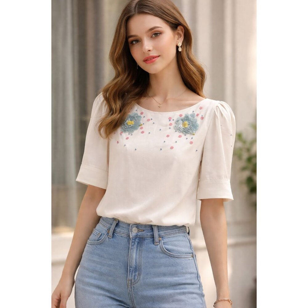 NWT $1495 Marni Puff Sleeve Floral Sequin Beaded Blouse White Cloud Size 0